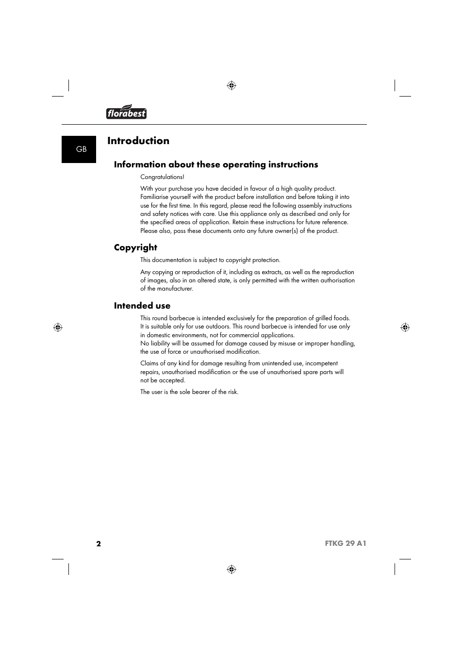 Introduction, Information about these operating instructions, Copyright | Intended use | Florabest FTKG 29 A1 User Manual | Page 5 / 39