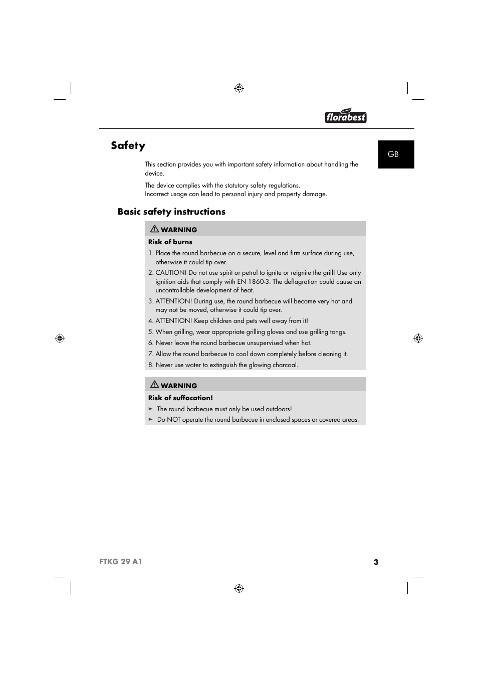 Safety, Basic safety instructions | Florabest FTKG 29 A1 User Manual | Page 6 / 39