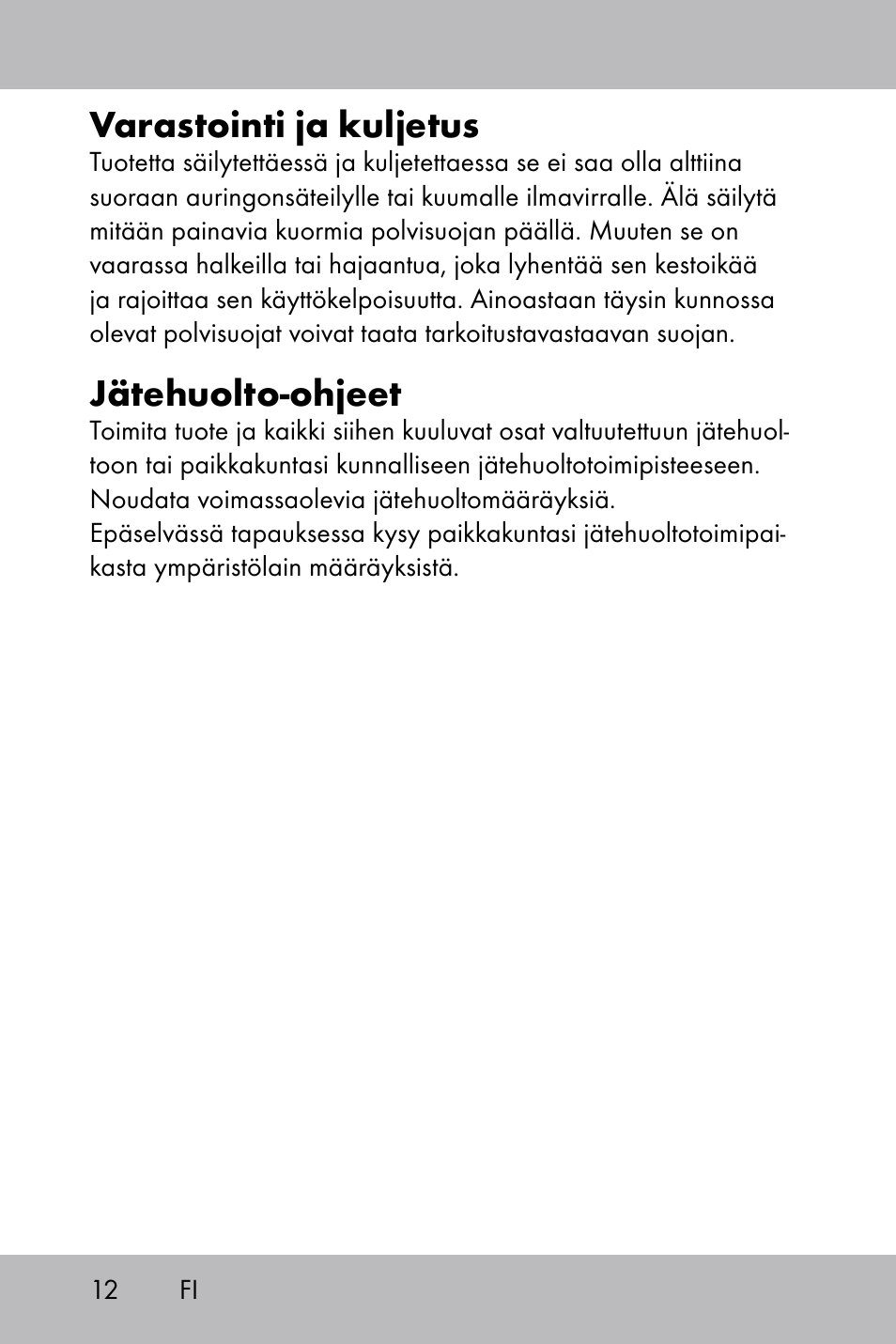 Varastointi ja kuljetus, Jätehuolto-ohjeet | Florabest Knee Pads User Manual | Page 10 / 36