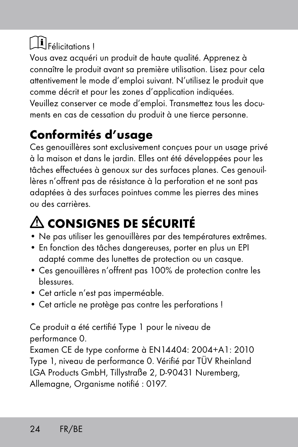 Conformités d’usage, Consignes de sécurité | Florabest Knee Pads User Manual | Page 22 / 36