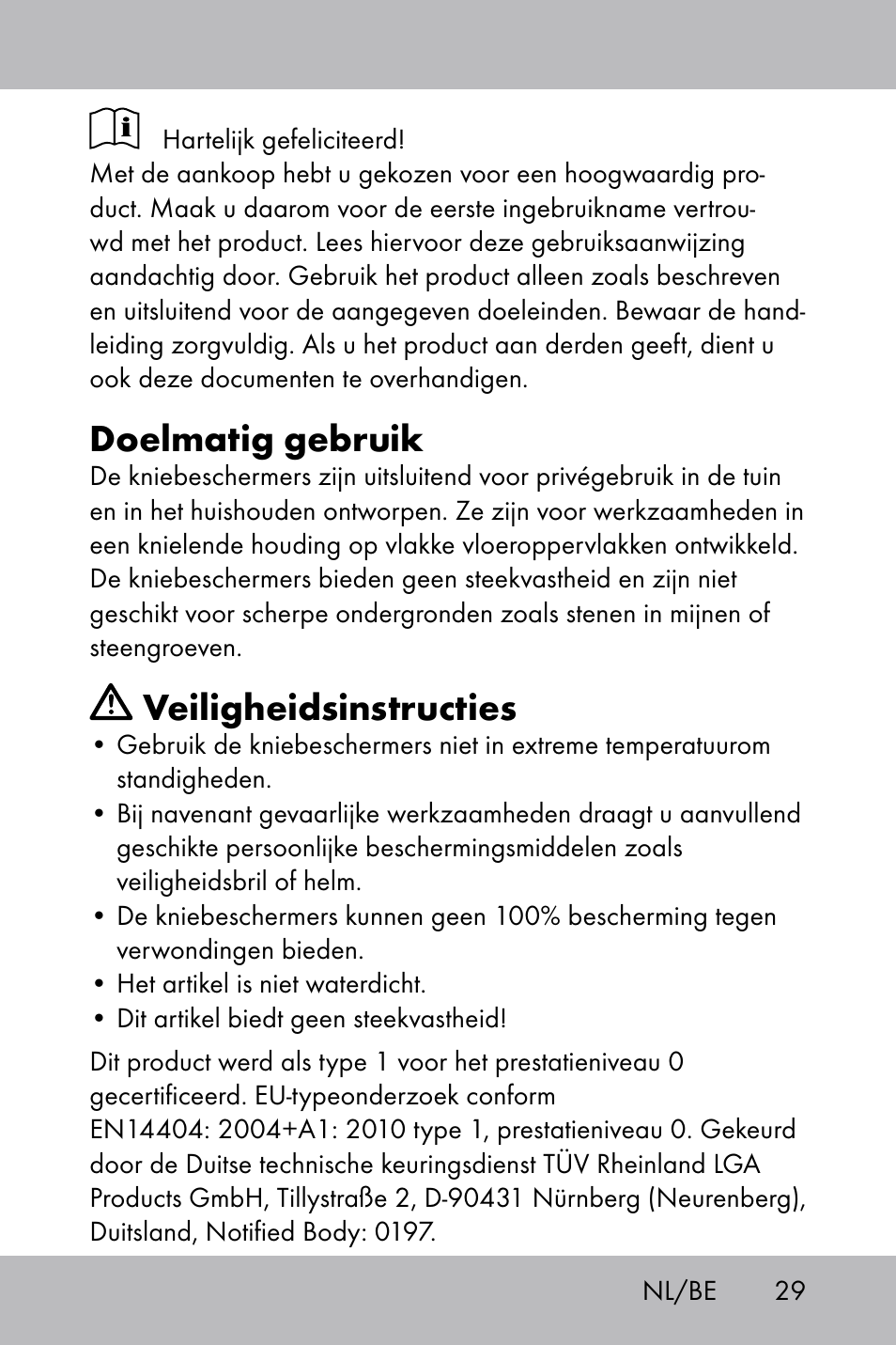 Doelmatig gebruik, Veiligheidsinstructies | Florabest Knee Pads User Manual | Page 27 / 36