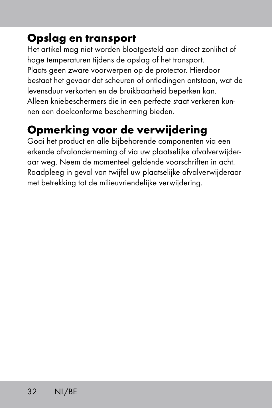 Opslag en transport, Opmerking voor de verwijdering | Florabest Knee Pads User Manual | Page 30 / 36