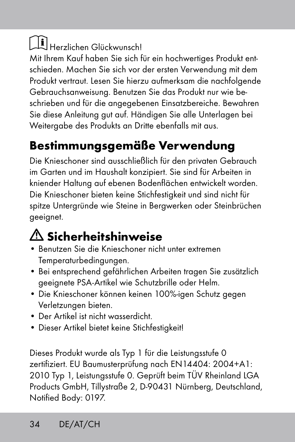 Bestimmungsgemäße verwendung, Sicherheitshinweise | Florabest Knee Pads User Manual | Page 32 / 36