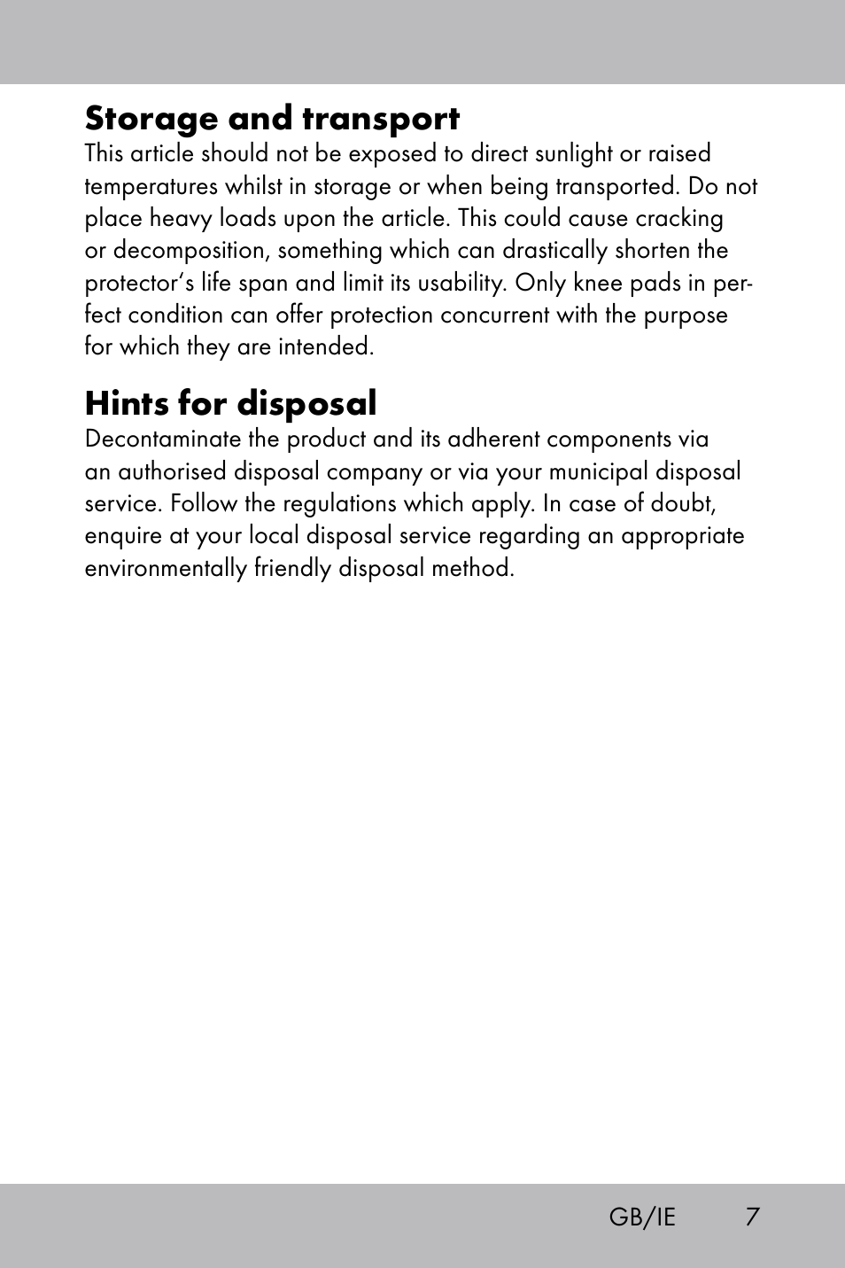 Storage and transport, Hints for disposal | Florabest Knee Pads User Manual | Page 5 / 36