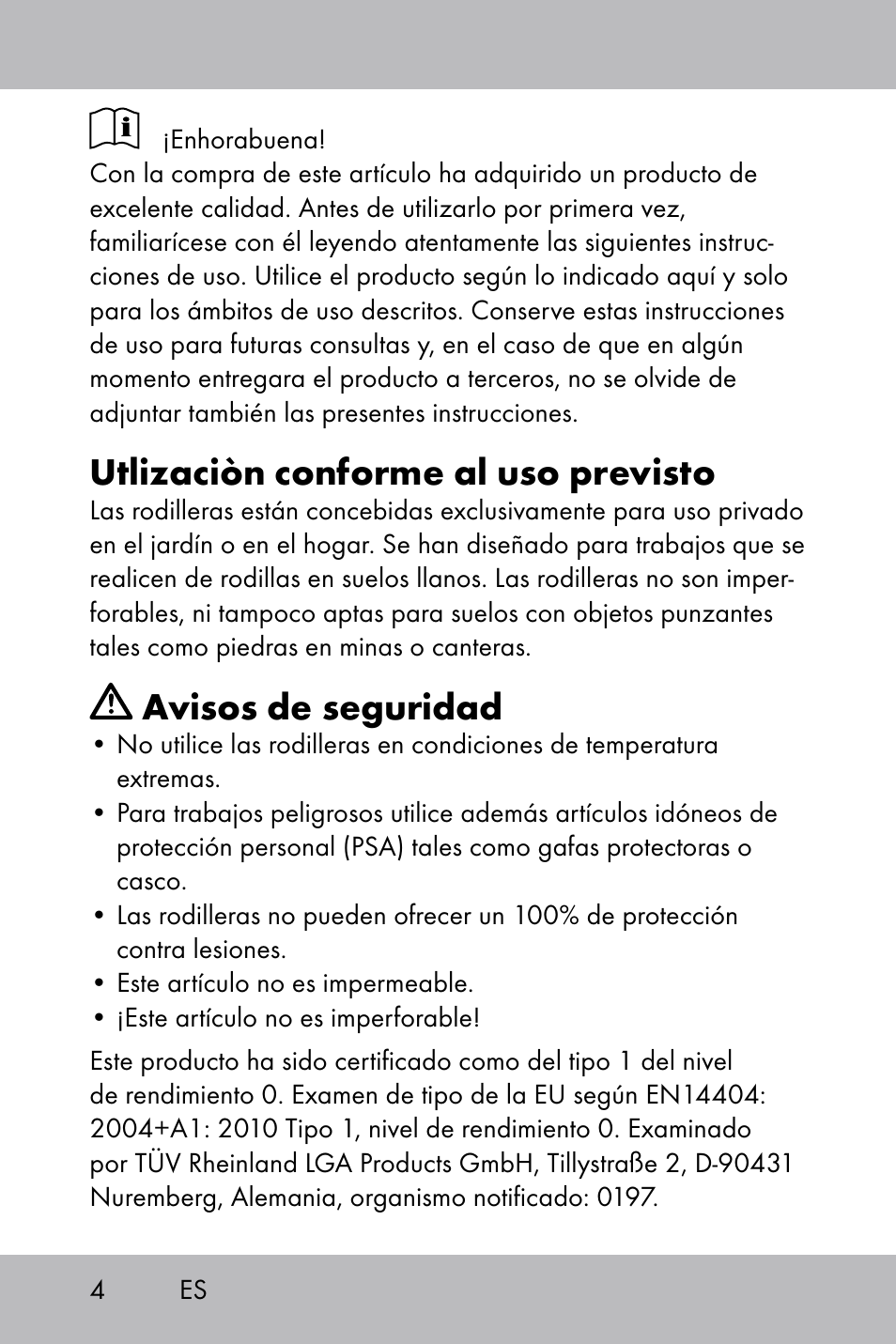 Utlizaciòn conforme al uso previsto, Avisos de seguridad | Florabest Knee Pads User Manual | Page 2 / 28
