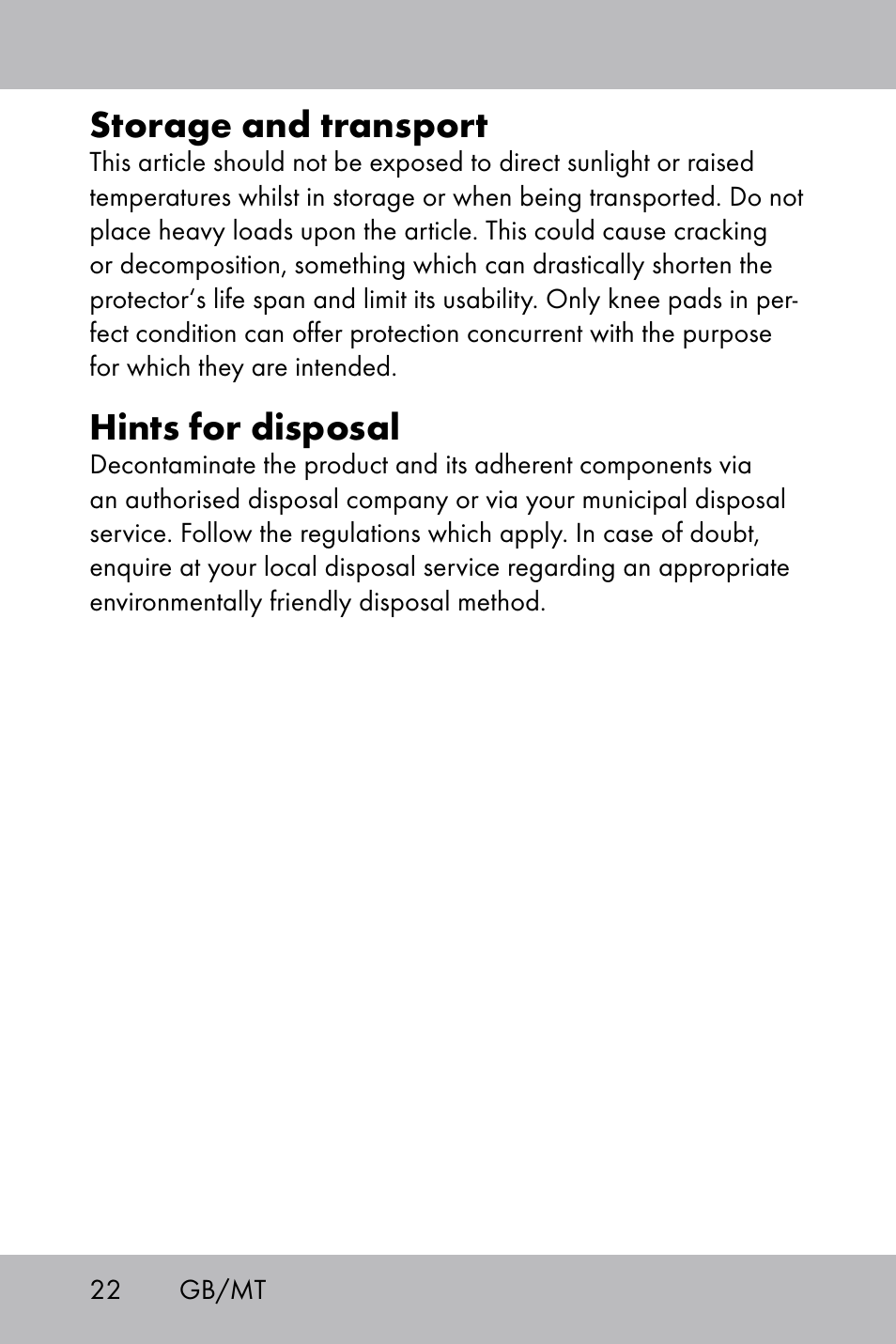Storage and transport, Hints for disposal | Florabest Knee Pads User Manual | Page 20 / 28