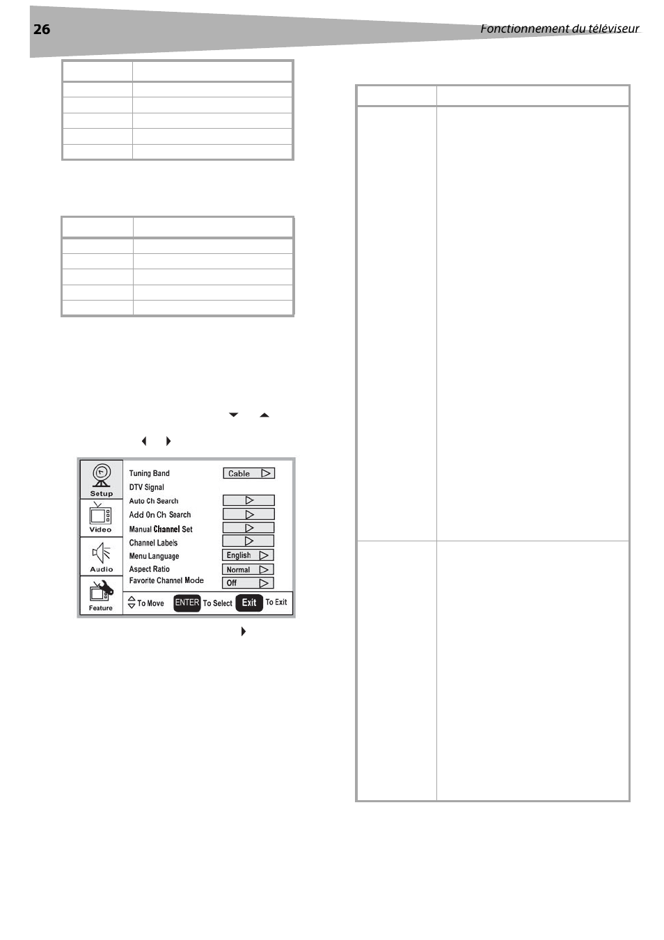 Utilisation du menu d’écran, Menus d’écrans, Fonctionnement du téléviseur | Dynex DX-LCD32 User Manual | Page 26 / 48