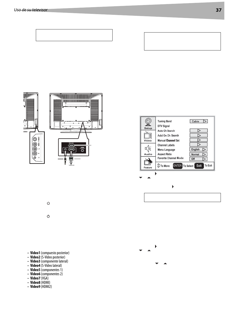 Conexión a una computadora, Uso de su televisor, Encendido y apagado de su televisor | Selección de la fuente de la señal de tv, Configuración de la lista de canales, Configuración automática de canales, Configuración de la lista de canales” en | Dynex DX-LCD32 User Manual | Page 37 / 48