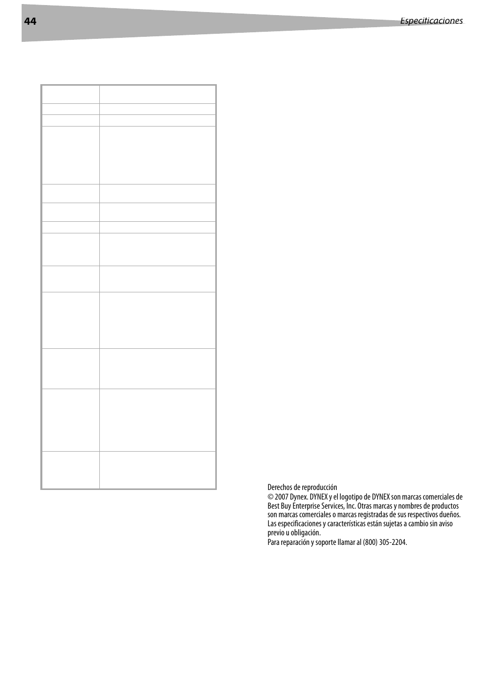 Especificaciones, Avisos legales, Fcc parte 15 | Modificaciones, Cables, Aviso canadiense, Avis canadien | Dynex DX-LCD32 User Manual | Page 44 / 48