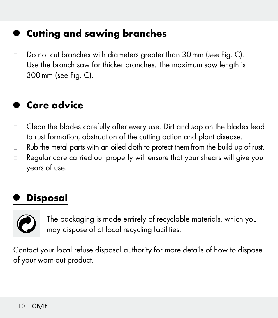 Cutting and sawing branches, Care advice, Disposal | Florabest Z31309 User Manual | Page 10 / 47