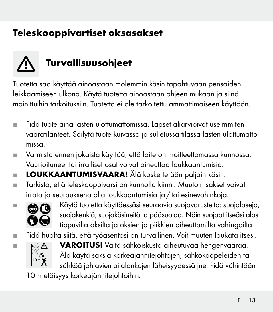 Teleskooppivartiset oksasakset turvallisuusohjeet | Florabest Z31309 User Manual | Page 13 / 47