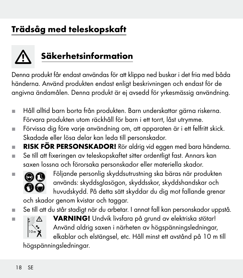 Trädsåg med teleskopskaft säkerhetsinformation | Florabest Z31309 User Manual | Page 18 / 47