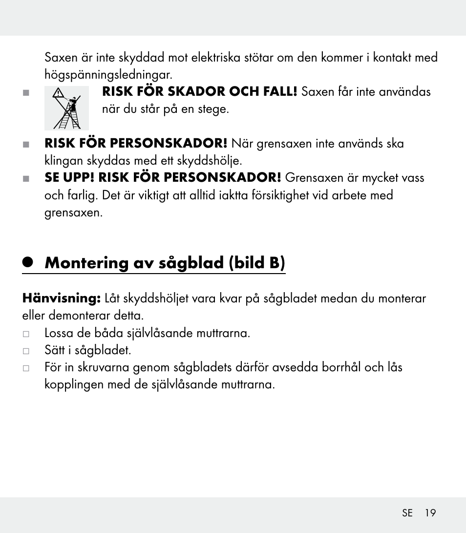 Montering av sågblad (bild b) | Florabest Z31309 User Manual | Page 19 / 47
