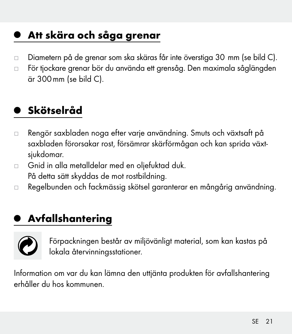 Att skära och såga grenar, Skötselråd, Avfallshantering | Florabest Z31309 User Manual | Page 21 / 47