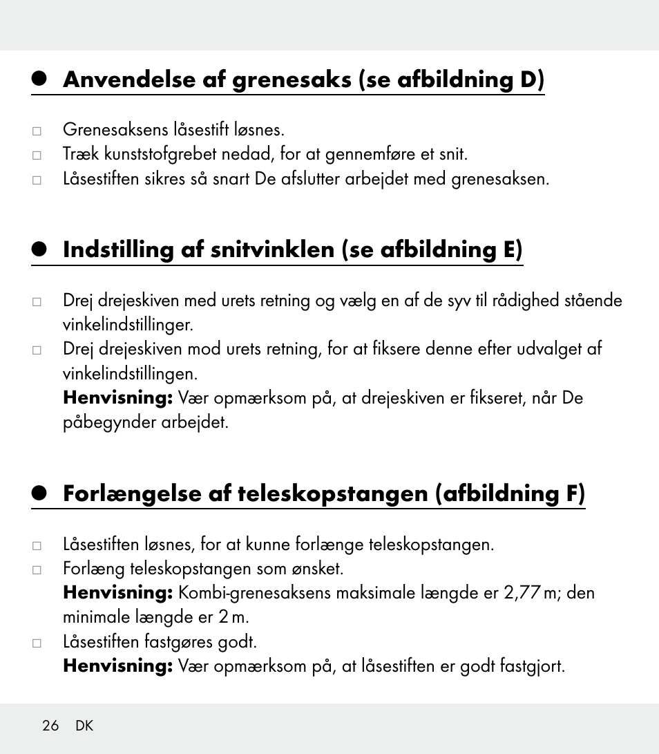 Anvendelse af grenesaks (se afbildning d), Indstilling af snitvinklen (se afbildning e), Forlængelse af teleskopstangen (afbildning f) | Florabest Z31309 User Manual | Page 26 / 47