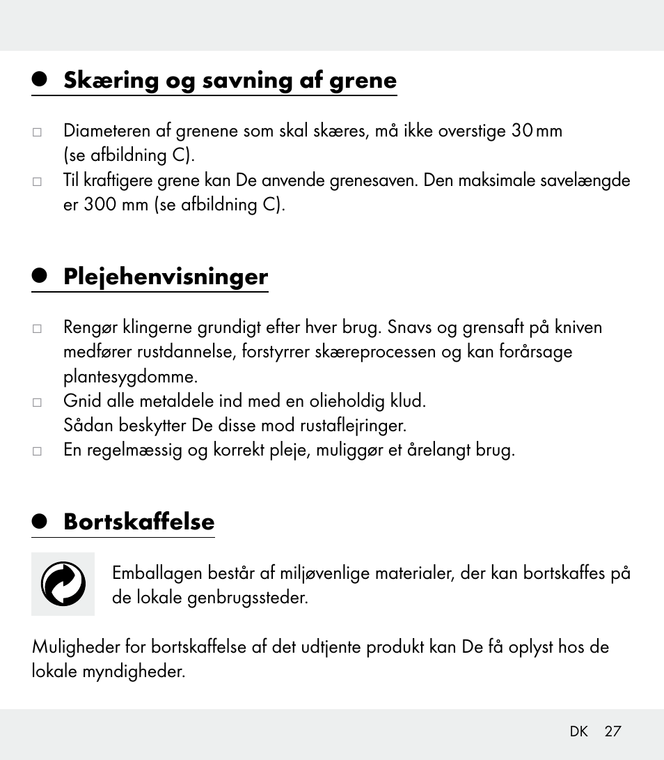 Skæring og savning af grene, Plejehenvisninger, Bortskaffelse | Florabest Z31309 User Manual | Page 27 / 47