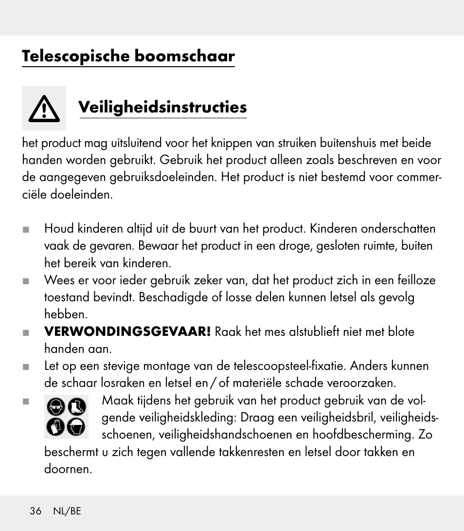 Telescopische boomschaar veiligheidsinstructies | Florabest Z31309 User Manual | Page 36 / 47