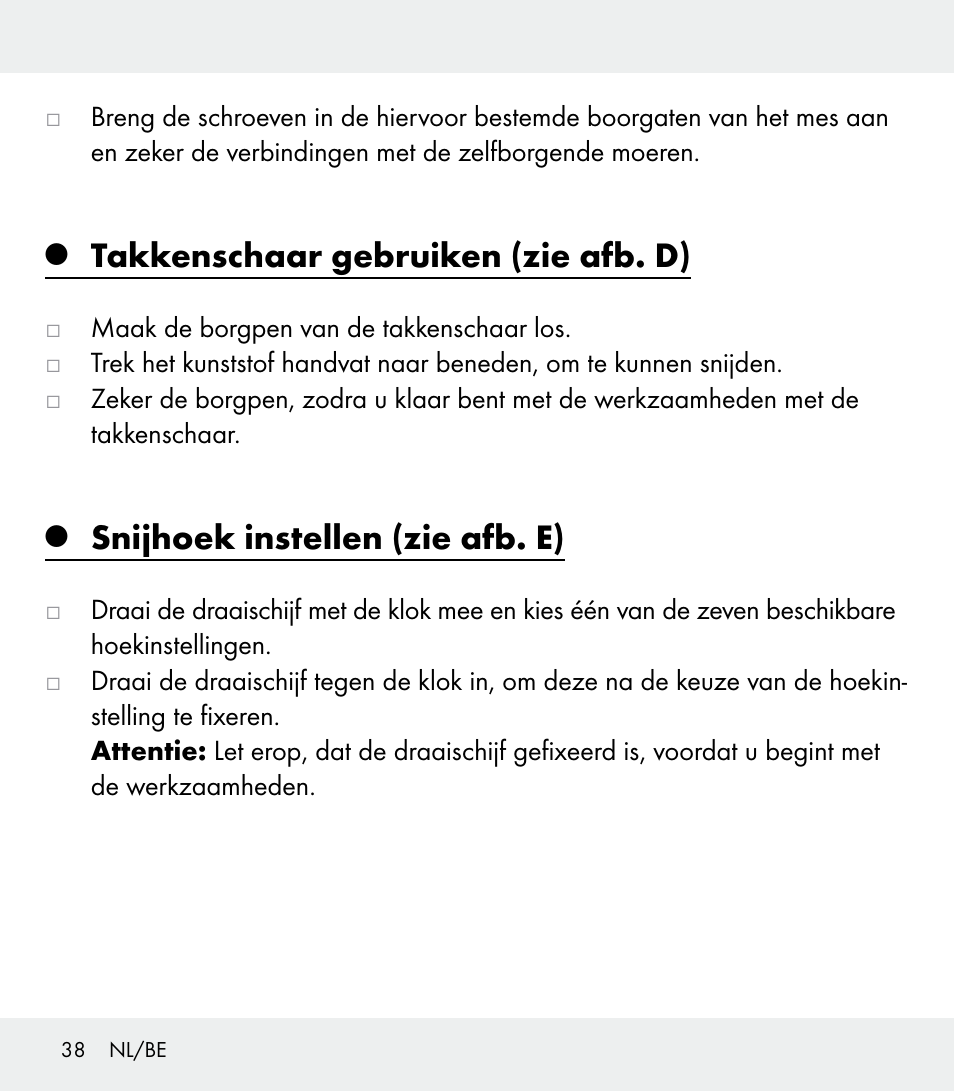 Takkenschaar gebruiken (zie afb. d), Snijhoek instellen (zie afb. e) | Florabest Z31309 User Manual | Page 38 / 47