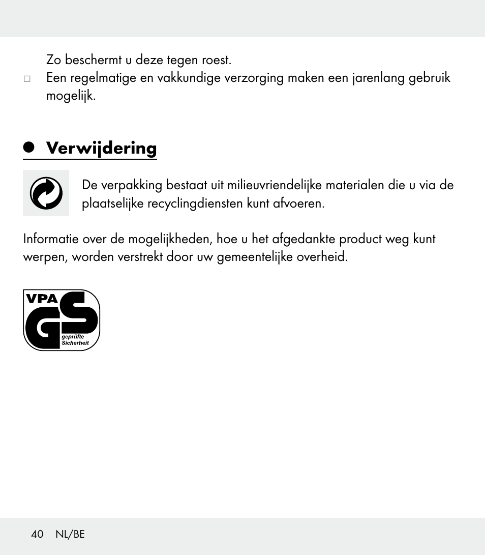 Verwijdering | Florabest Z31309 User Manual | Page 40 / 47