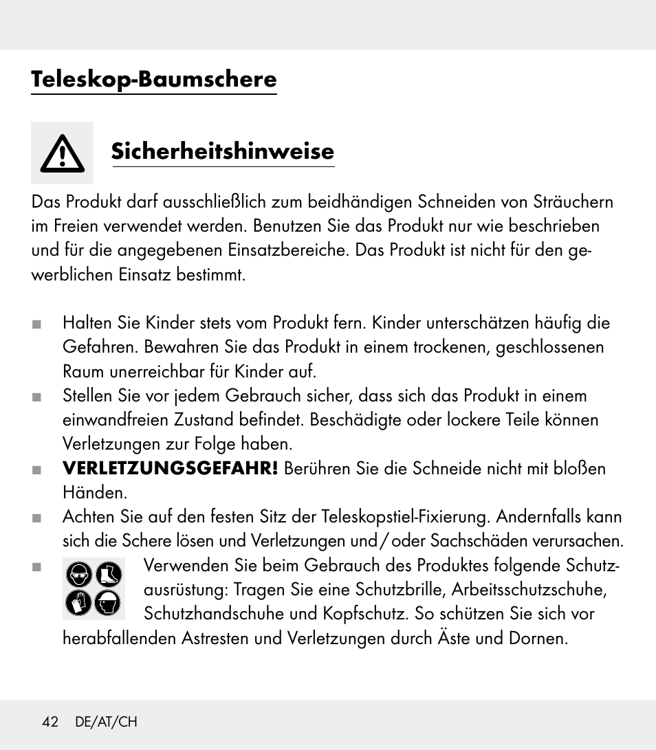 Teleskop-baumschere sicherheitshinweise | Florabest Z31309 User Manual | Page 42 / 47