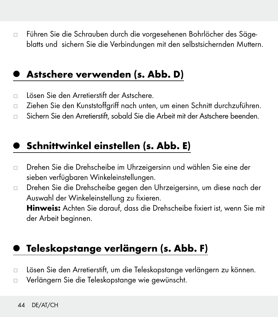 Astschere verwenden (s. abb. d), Schnittwinkel einstellen (s. abb. e), Teleskopstange verlängern (s. abb. f) | Florabest Z31309 User Manual | Page 44 / 47