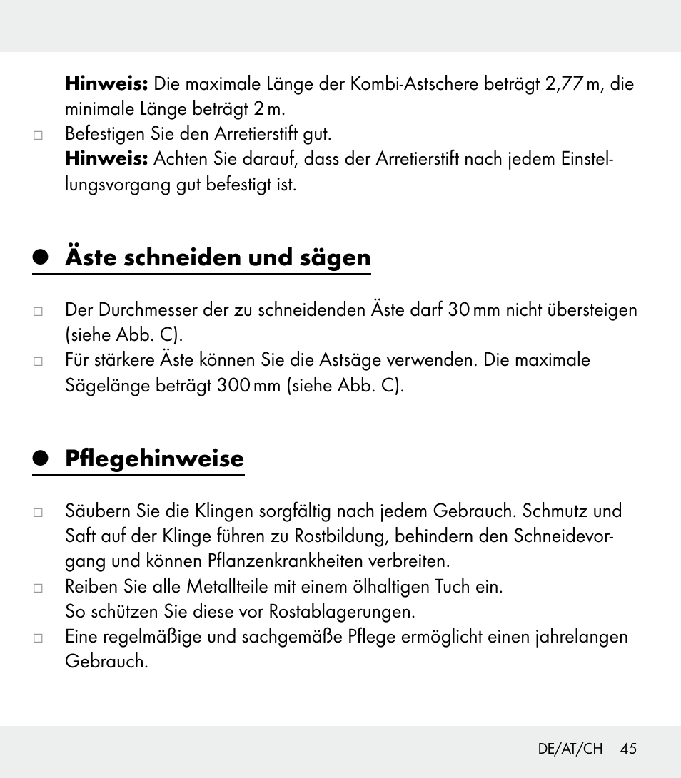 Äste schneiden und sägen, Pflegehinweise | Florabest Z31309 User Manual | Page 45 / 47