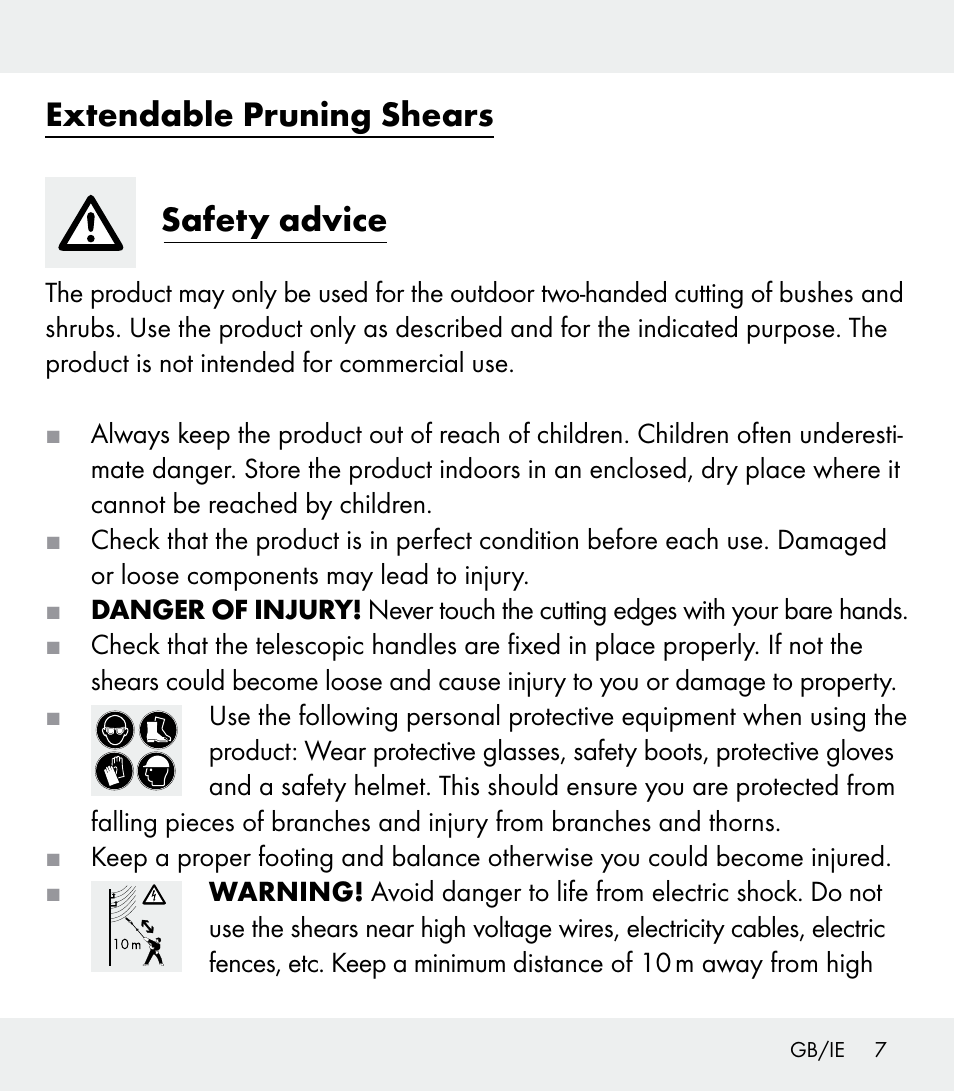 Extendable pruning shears safety advice | Florabest Z31309 User Manual | Page 7 / 47