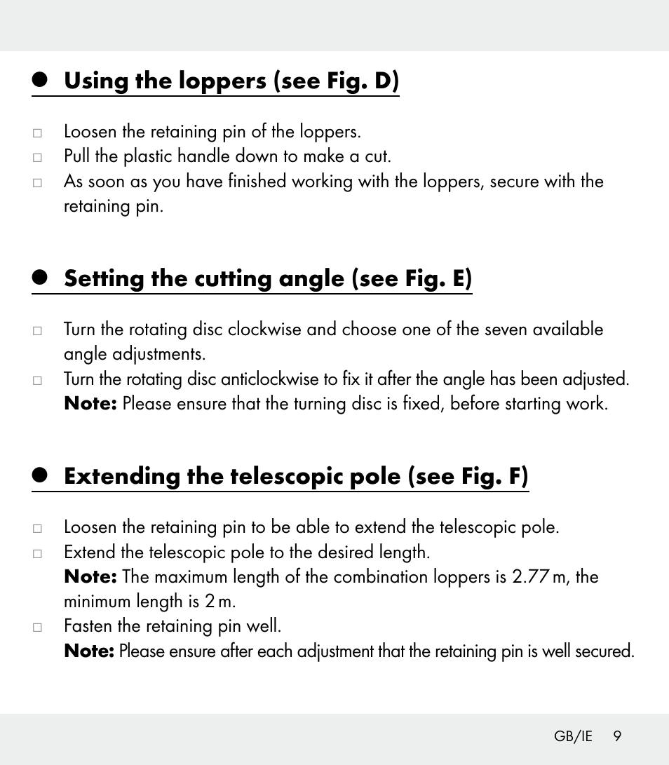 Using the loppers (see fig. d), Setting the cutting angle (see fig. e), Extending the telescopic pole (see fig. f) | Florabest Z31309 User Manual | Page 9 / 47