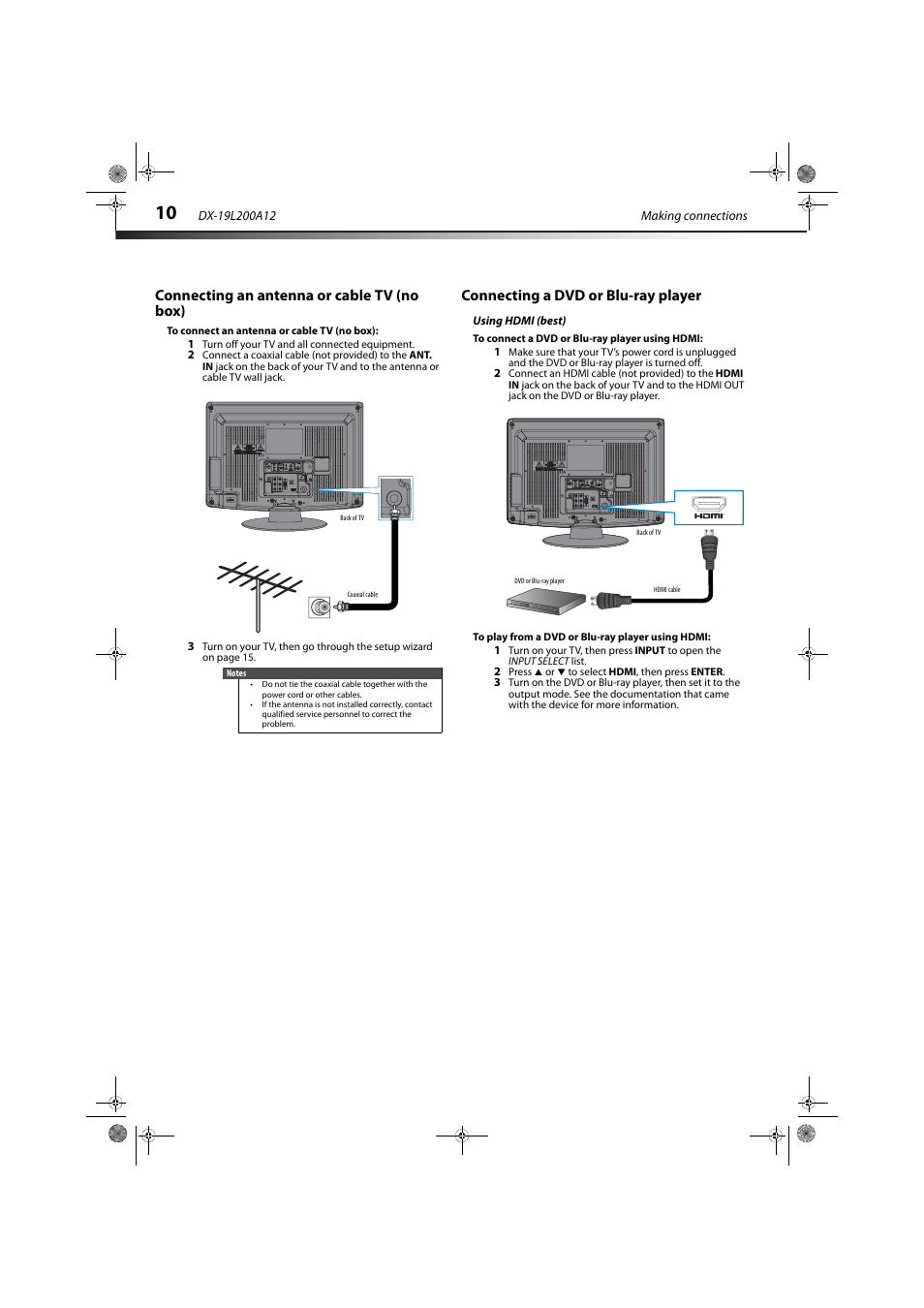 Connecting an antenna or cable tv (no box), Connecting a dvd or blu-ray player, Using hdmi (best) | Dynex DX-19L200A12 User Manual | Page 14 / 48