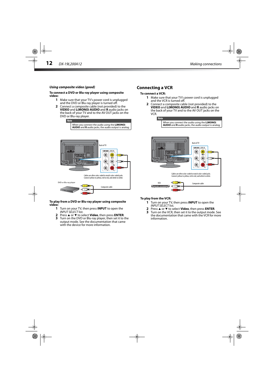 Using composite video (good), Connecting a vcr, 12, or | Ge 12 | Dynex DX-19L200A12 User Manual | Page 16 / 48