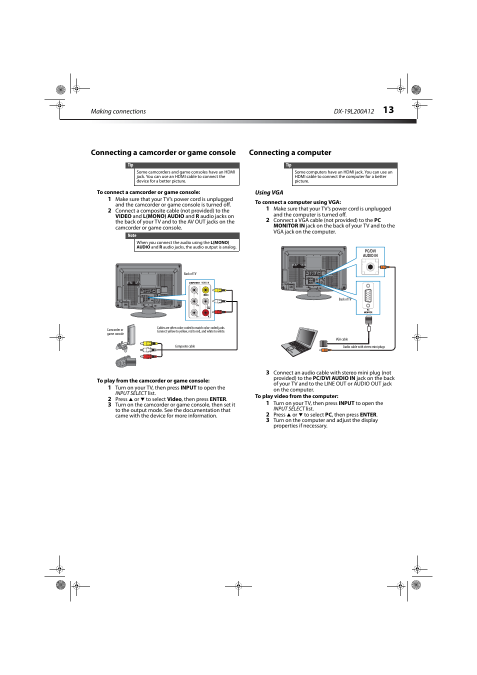 Connecting a camcorder or game console, Connecting a computer, Using vga | Dynex DX-19L200A12 User Manual | Page 17 / 48