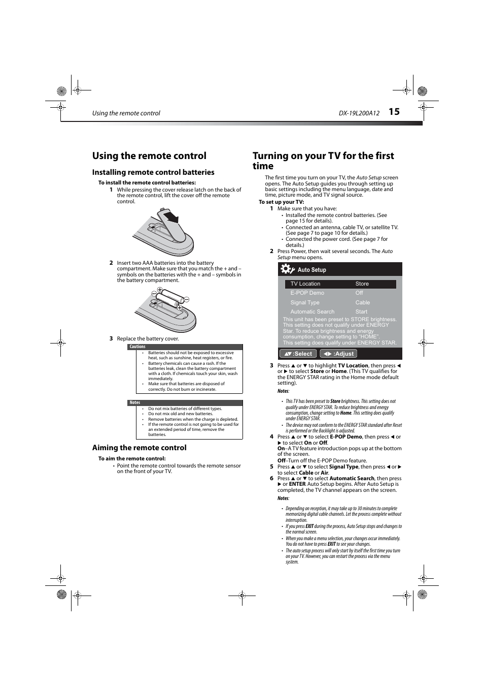 Using the remote control, Installing remote control batteries, Aiming the remote control | Turning on your tv for the first time | Dynex DX-19L200A12 User Manual | Page 19 / 48