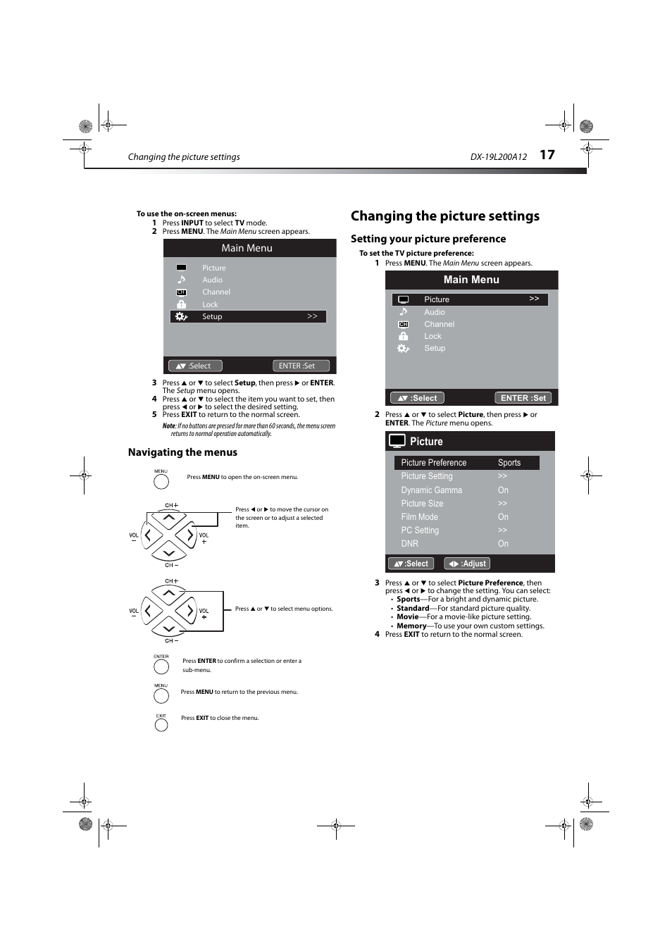 Navigating the menus, Changing the picture settings, Setting your picture preference | E “navigating the menus, Picture | Dynex DX-19L200A12 User Manual | Page 21 / 48
