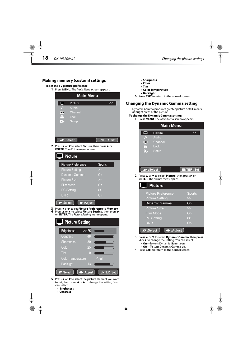 Making memory (custom) settings, Changing the dynamic gamma setting, Picture setting | Picture | Dynex DX-19L200A12 User Manual | Page 22 / 48
