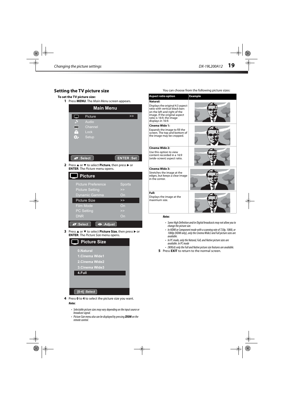 Setting the tv picture size, Main menu, Picture | Dynex DX-19L200A12 User Manual | Page 23 / 48