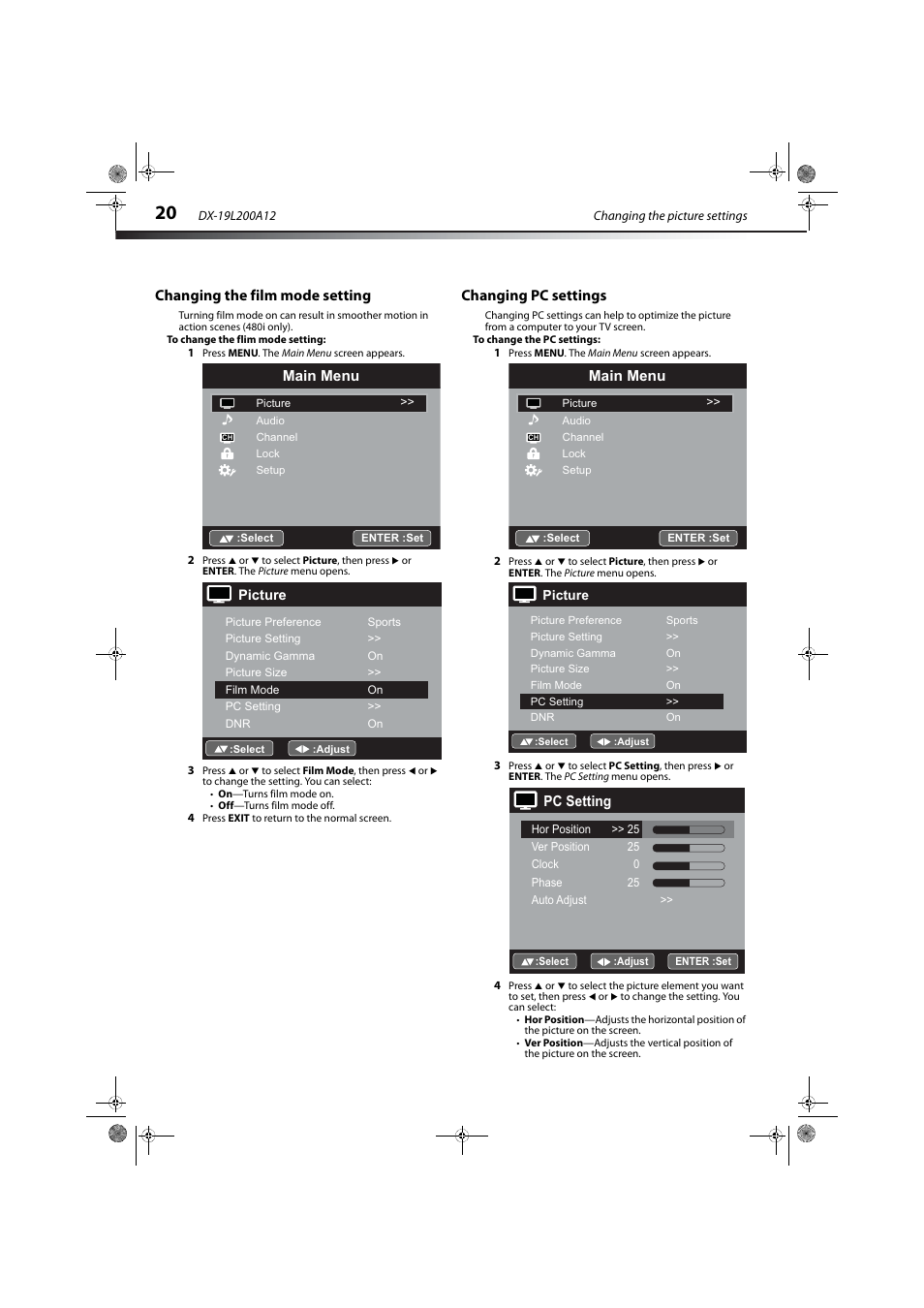 Changing the film mode setting, Changing pc settings, Main menu | Pc setting | Dynex DX-19L200A12 User Manual | Page 24 / 48