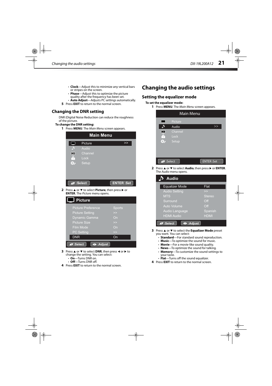 Changing the dnr setting, Changing the audio settings, Setting the equalizer mode | Main menu | Dynex DX-19L200A12 User Manual | Page 25 / 48
