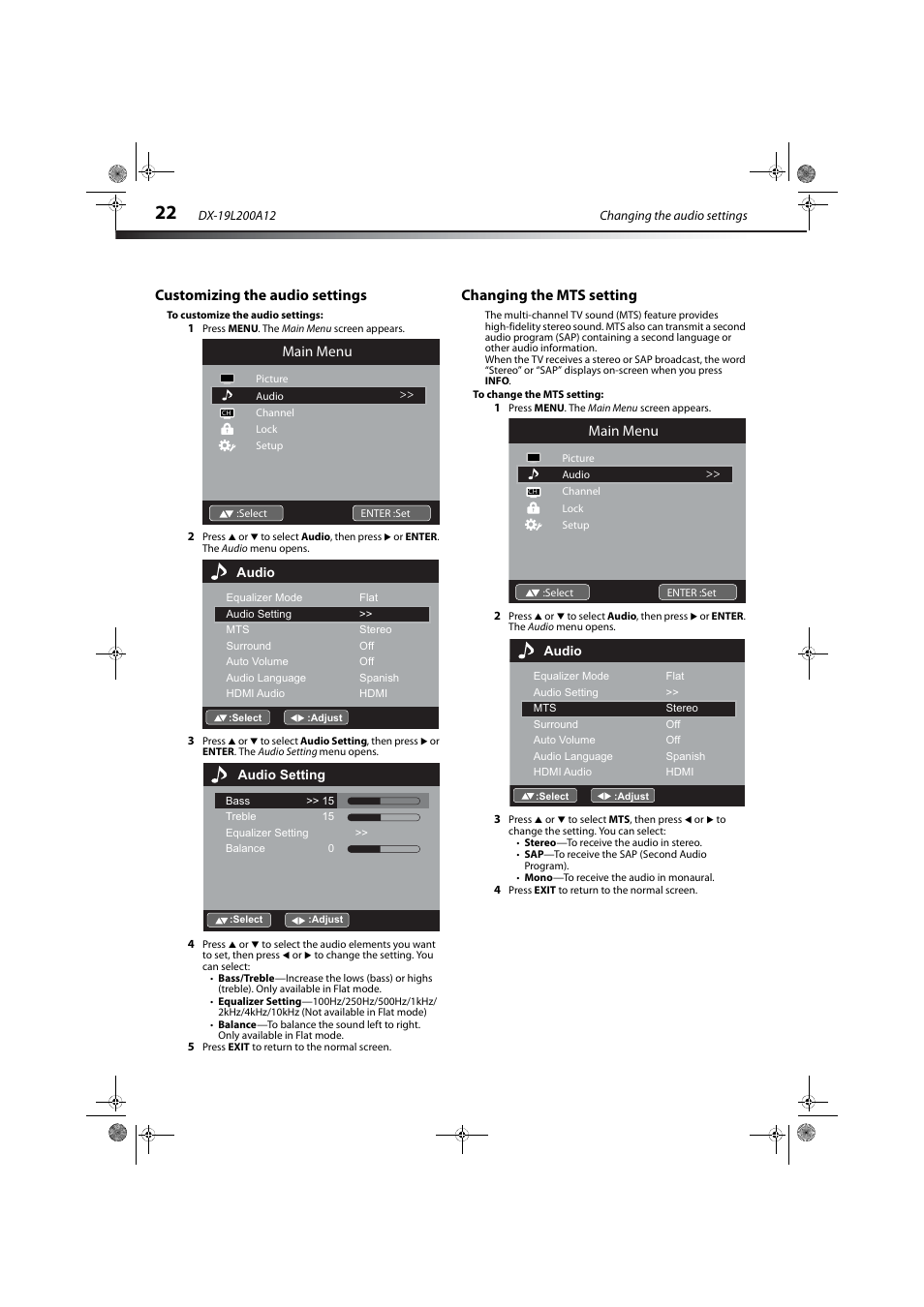 Customizing the audio settings, Changing the mts setting, Main menu | Dynex DX-19L200A12 User Manual | Page 26 / 48