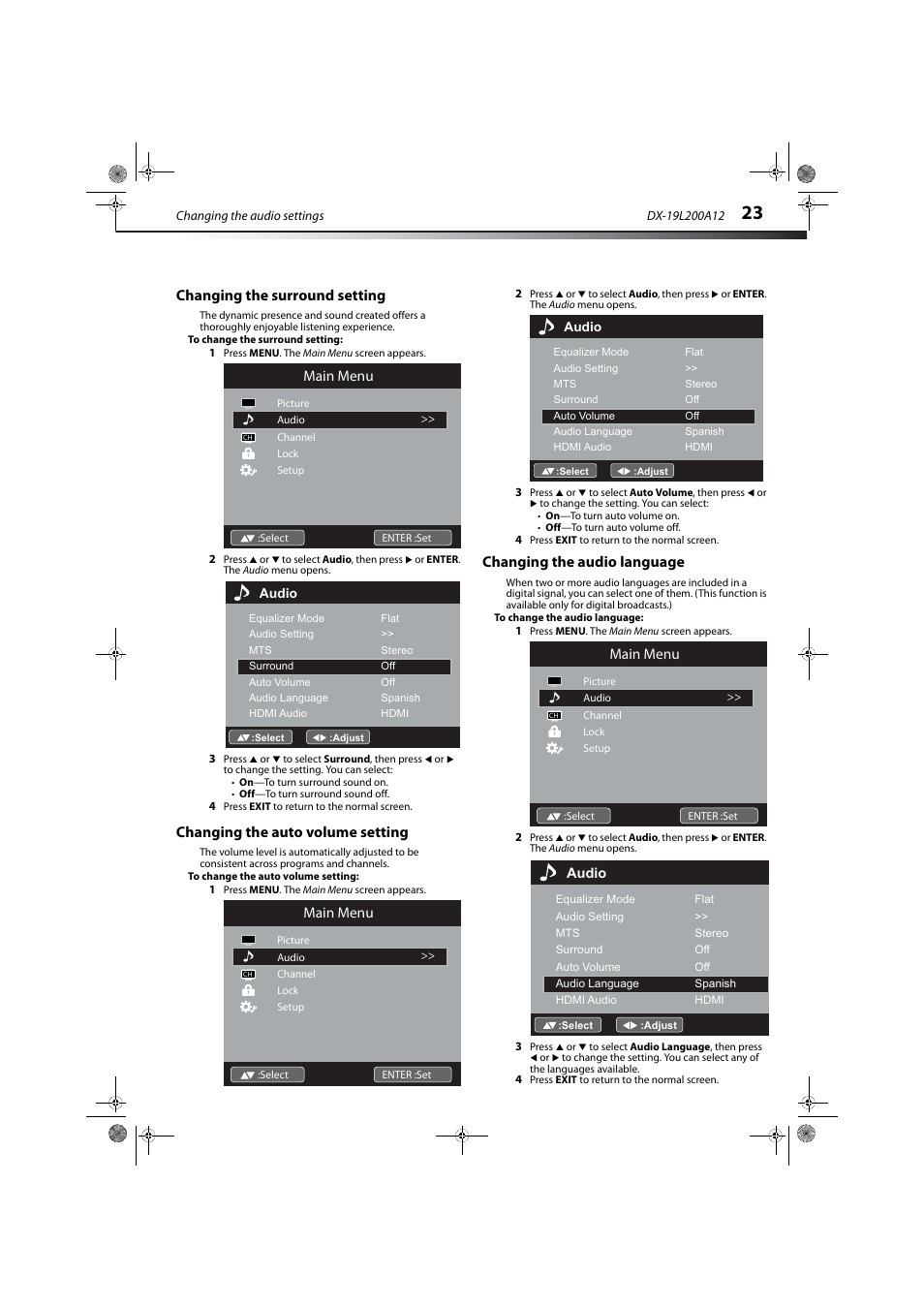 Changing the surround setting, Changing the auto volume setting, Changing the audio language | Main menu | Dynex DX-19L200A12 User Manual | Page 27 / 48