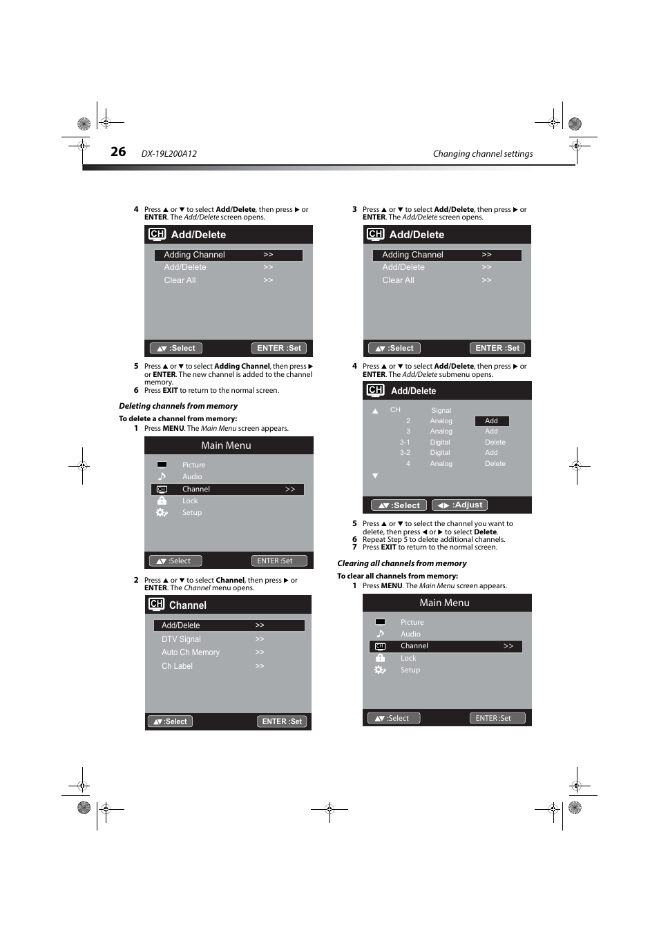 Deleting channels from memory, Clearing all channels from memory, Add/delete | Main menu, Channel | Dynex DX-19L200A12 User Manual | Page 30 / 48