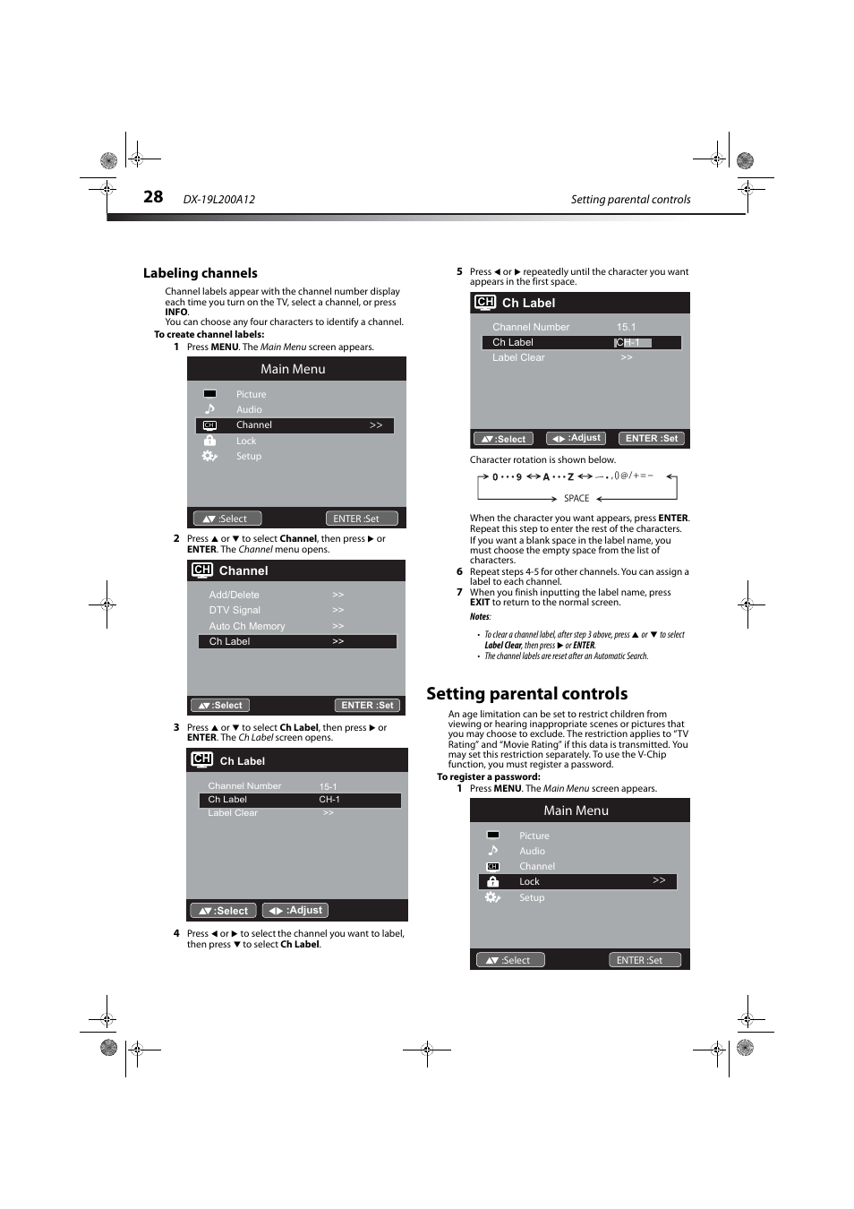 Labeling channels, Setting parental controls, Main menu | Dynex DX-19L200A12 User Manual | Page 32 / 48