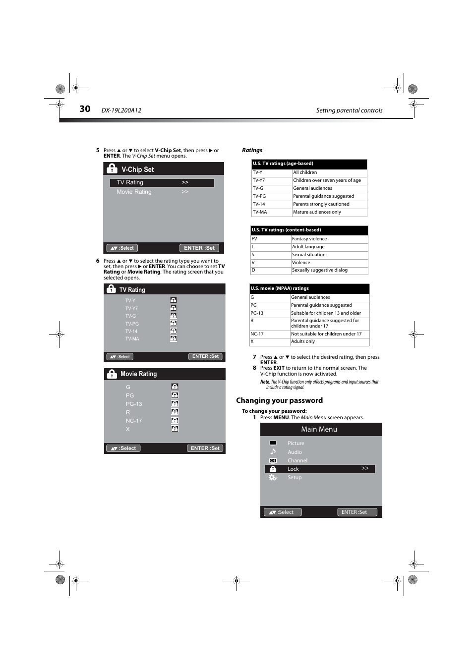 Ratings, Changing your password, Main menu | Dynex DX-19L200A12 User Manual | Page 34 / 48