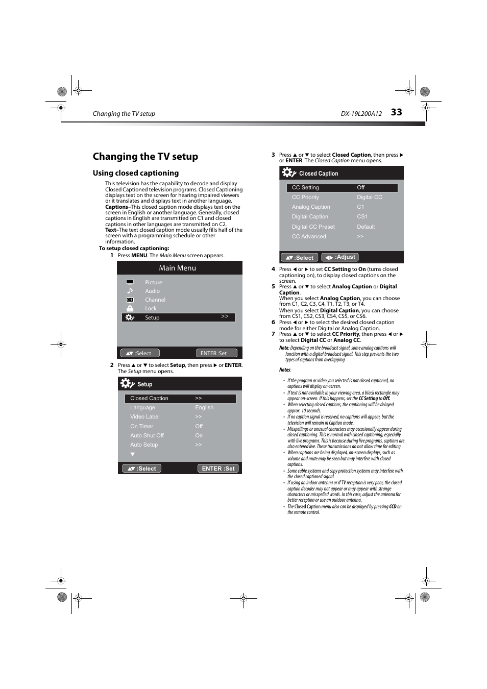 Changing the tv setup, Using closed captioning, Main menu | Dynex DX-19L200A12 User Manual | Page 37 / 48