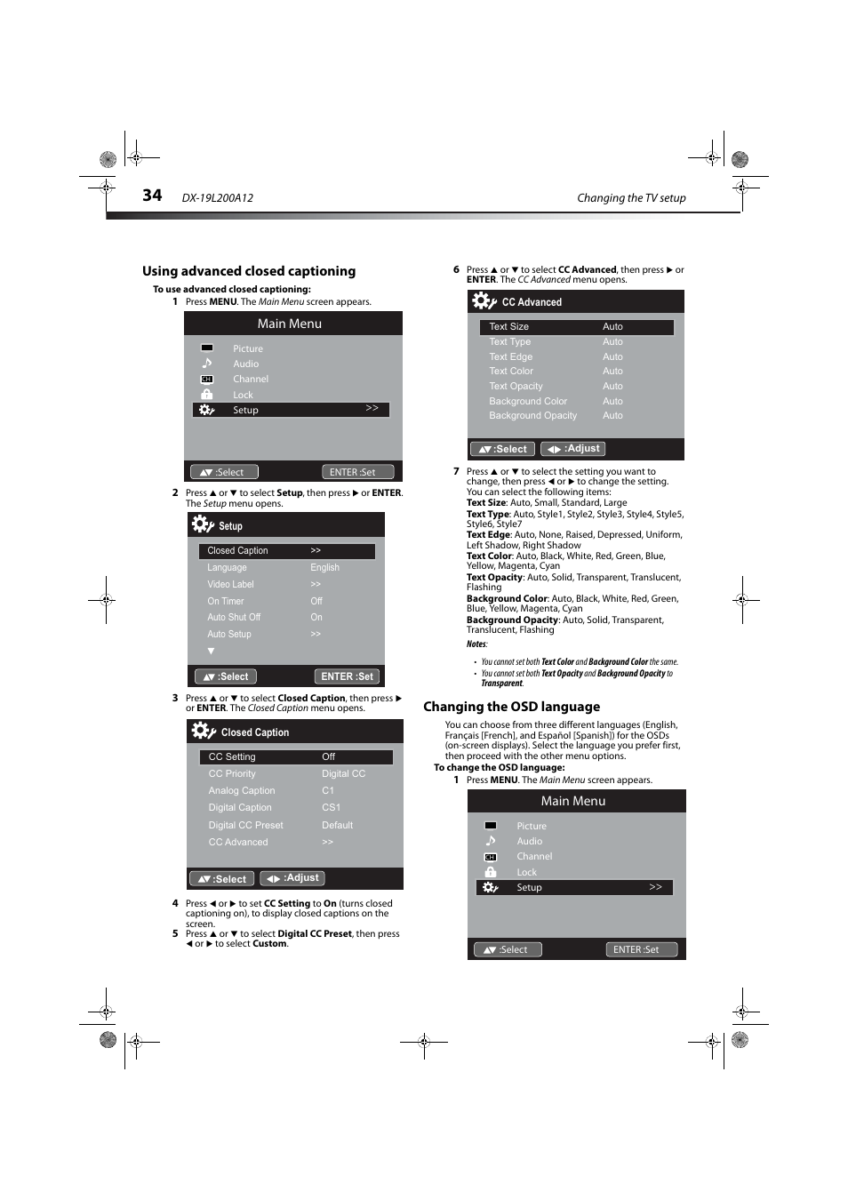 Using advanced closed captioning, Changing the osd language, Main menu | Dynex DX-19L200A12 User Manual | Page 38 / 48