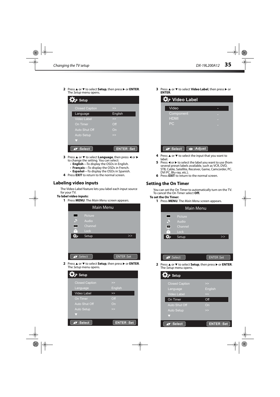 Labeling video inputs, Setting the on timer, Labeling video inputs setting the on timer | Main menu, Video label | Dynex DX-19L200A12 User Manual | Page 39 / 48