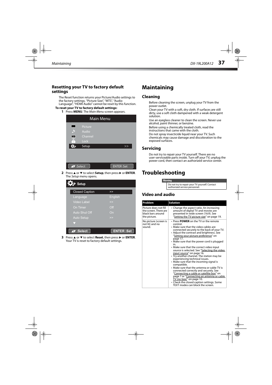 Resetting your tv to factory default settings, Maintaining, Cleaning | Servicing, Troubleshooting, Video and audio, Cleaning servicing, Video and audio main menu | Dynex DX-19L200A12 User Manual | Page 41 / 48