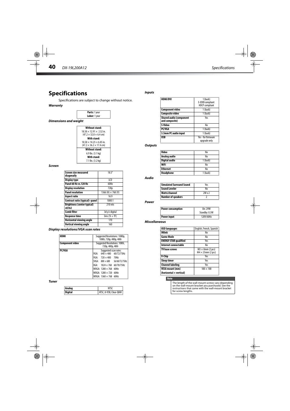 Specifications, Warranty, Dimensions and weight | Screen, Display resolutions/vga scan rates, Tuner, Inputs, Outputs, Audio, Power | Dynex DX-19L200A12 User Manual | Page 44 / 48