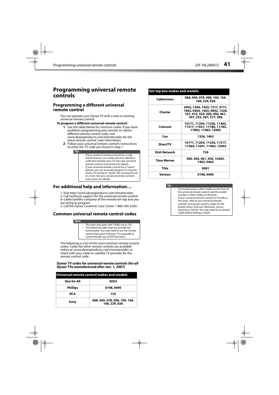 Programming universal remote controls, Programming a different universal remote control, For additional help and information | Common universal remote control codes | Dynex DX-19L200A12 User Manual | Page 45 / 48