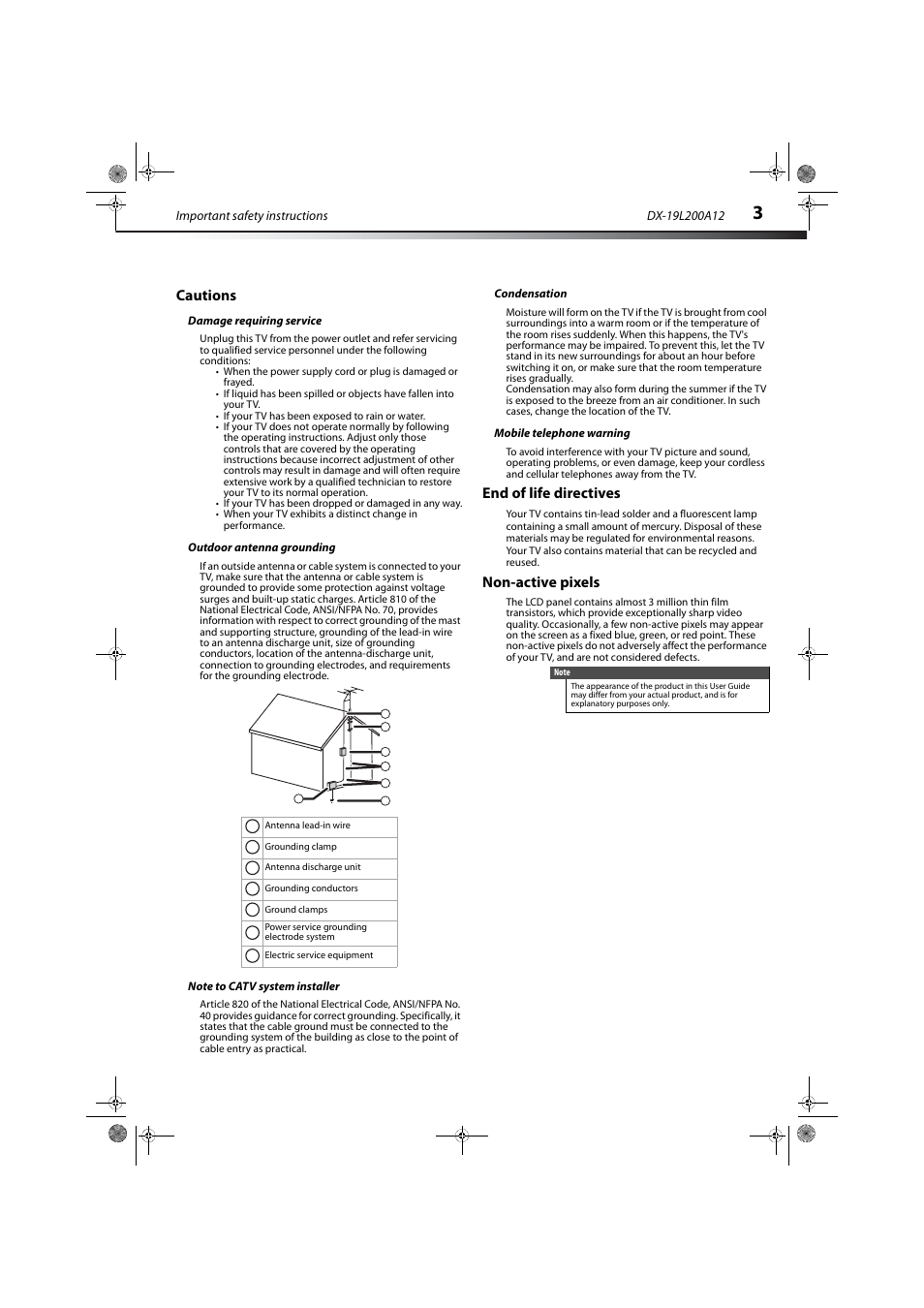 Cautions, Damage requiring service, Outdoor antenna grounding | Note to catv system installer, Condensation, Mobile telephone warning, End of life directives, Non-active pixels | Dynex DX-19L200A12 User Manual | Page 7 / 48