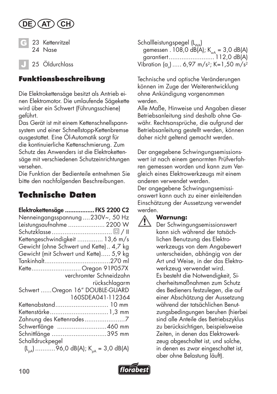Technische daten, De at ch | Florabest FKS 2200 C2 User Manual | Page 100 / 128